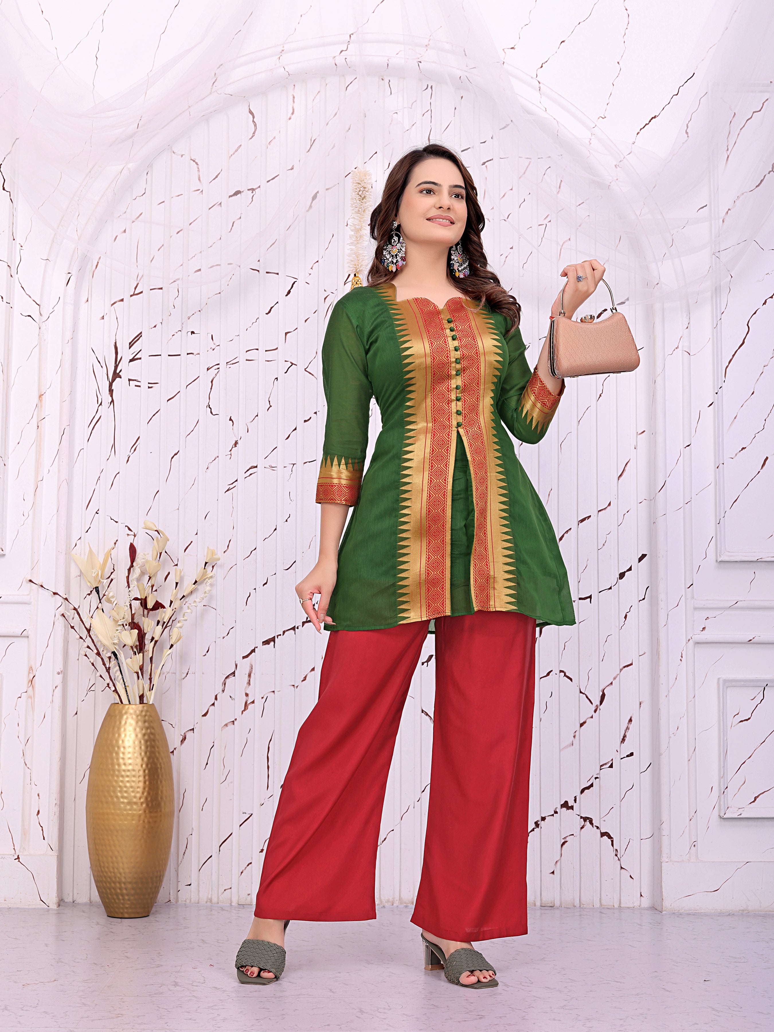 Women’s Green Printed Kurta with Red Palazzo Pants Ethnic Set
