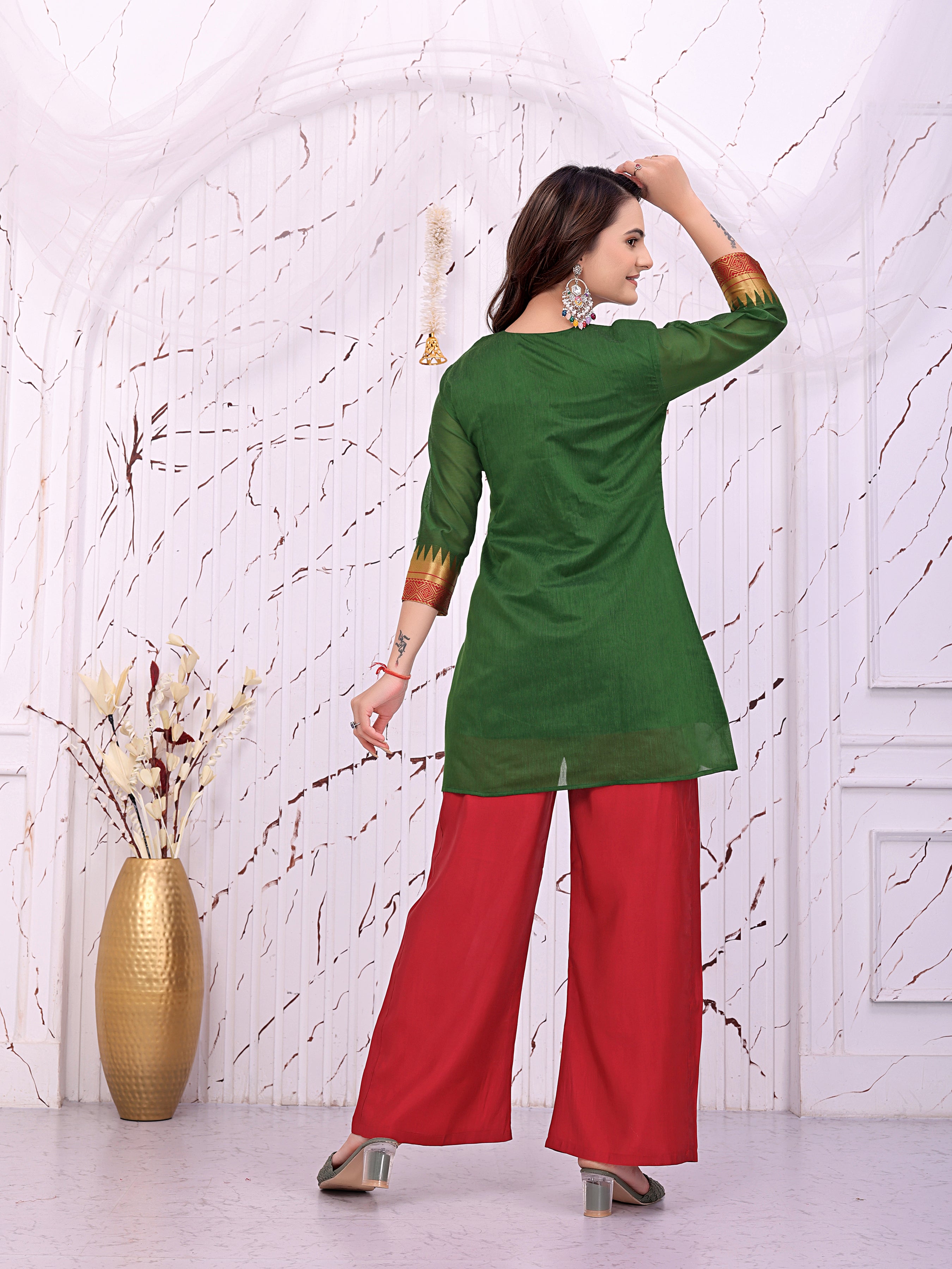 Women’s Green Printed Kurta with Red Palazzo Pants Ethnic Set