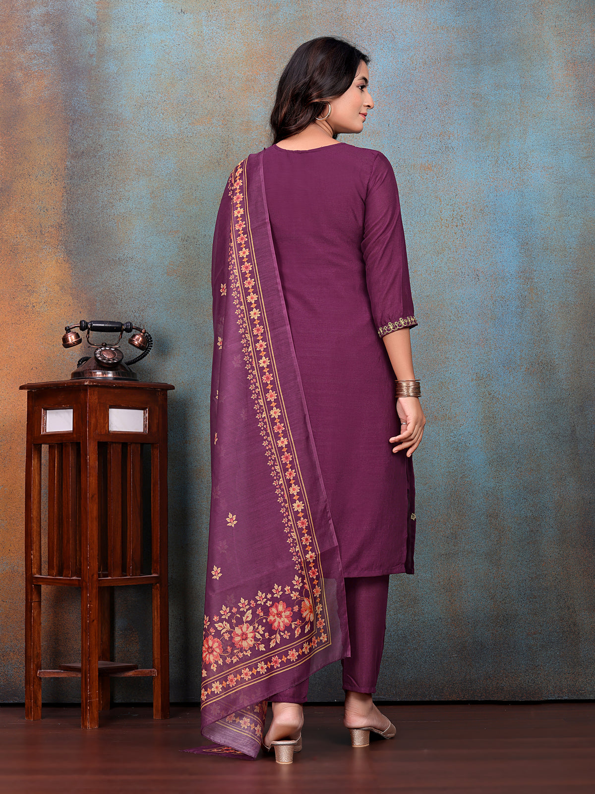 Wine Embroidered Kurti & Pant with Floral Printed Dupatta | For women