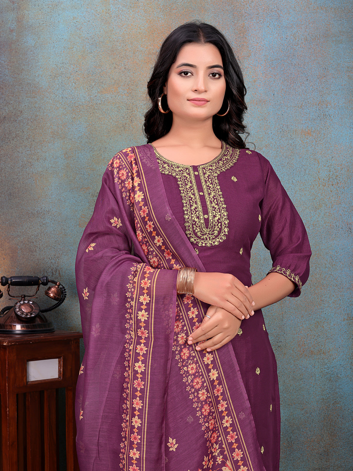 Wine Embroidered Kurti & Pant with Floral Printed Dupatta | For women