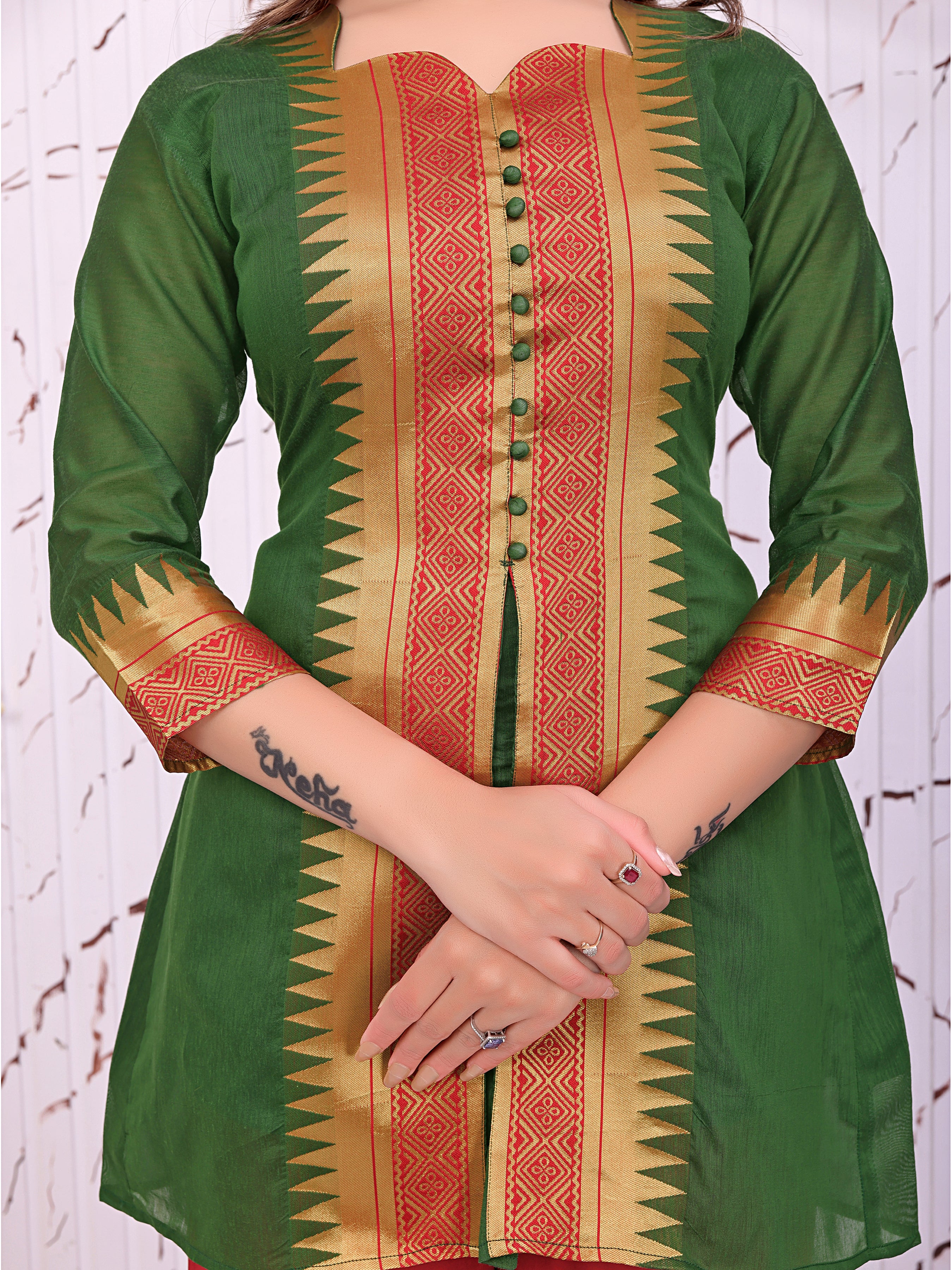 Women’s Green Printed Kurta with Red Palazzo Pants Ethnic Set