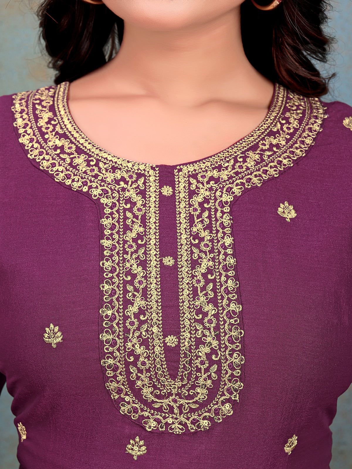 Wine Embroidered Kurti & Pant with Floral Printed Dupatta | For women
