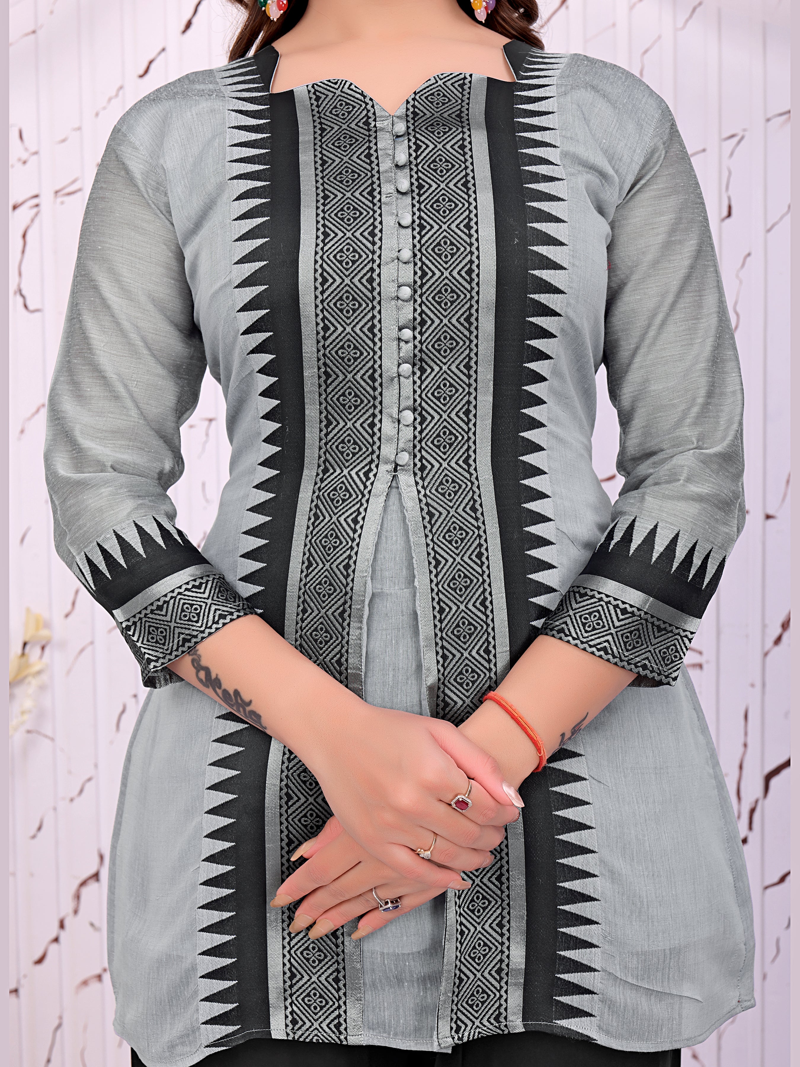 Women’s Grey Printed Kurta with Black Palazzo Pants Ethnic Set