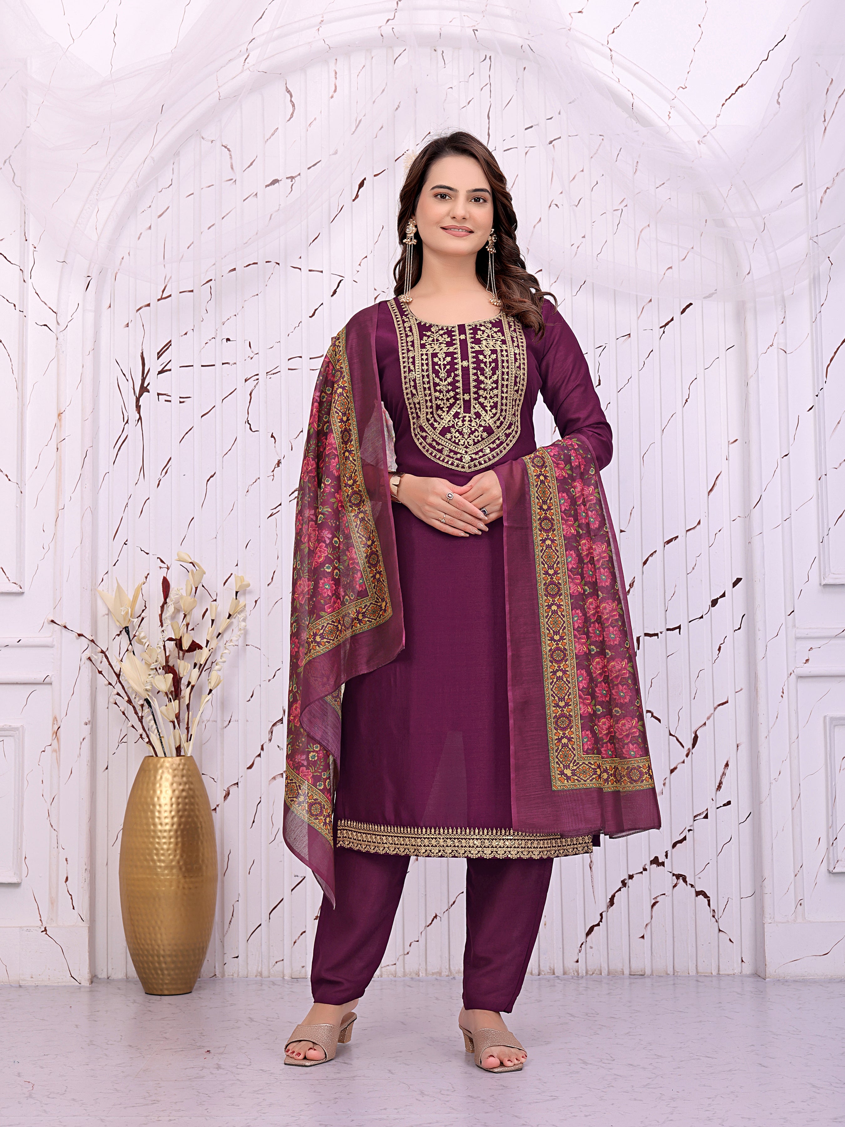 Women’s Wine Purple Embroidered Kurta Pant Set with Floral Printed Dupatta