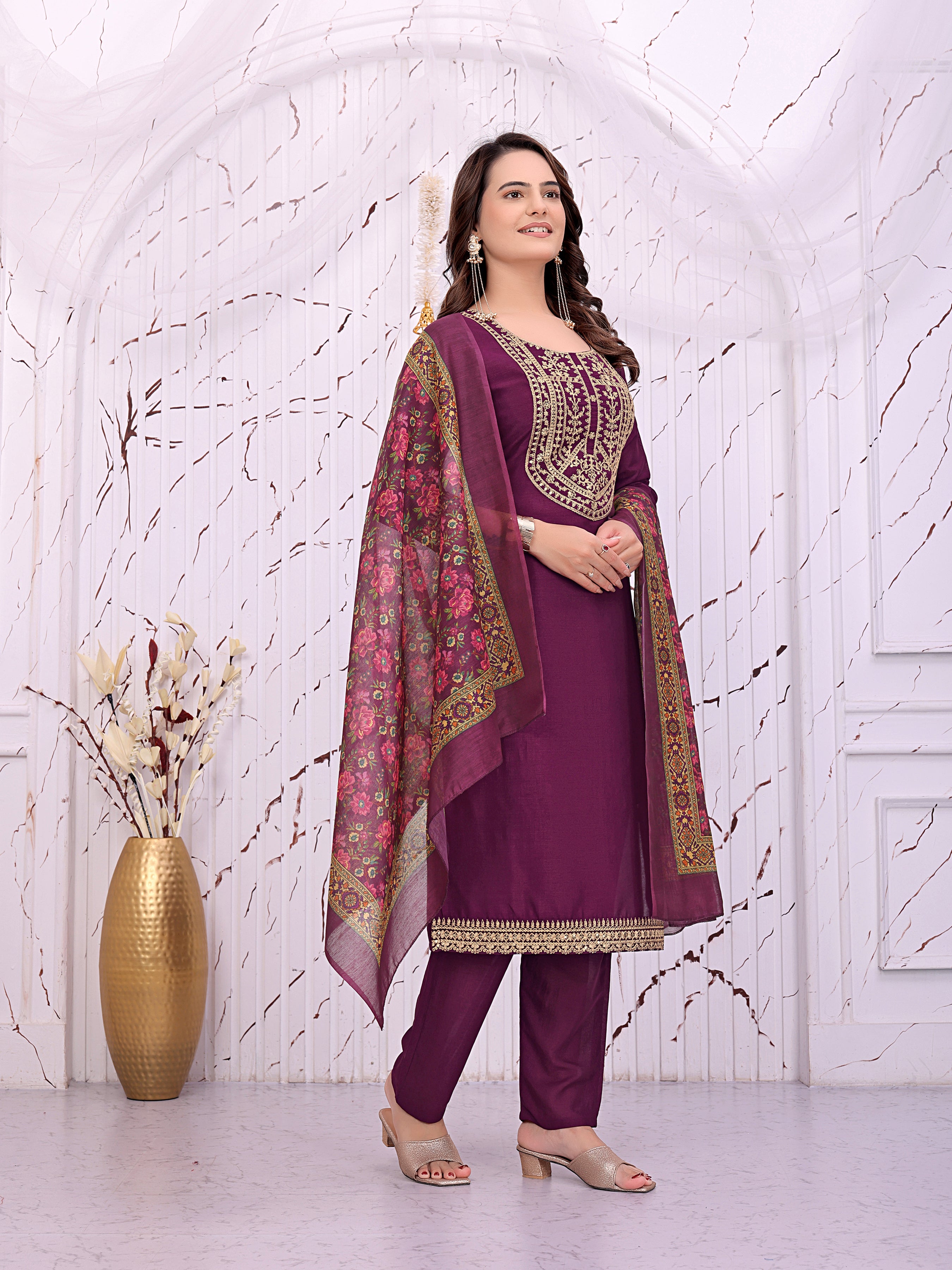 Women’s Wine Purple Embroidered Kurta Pant Set with Floral Printed Dupatta