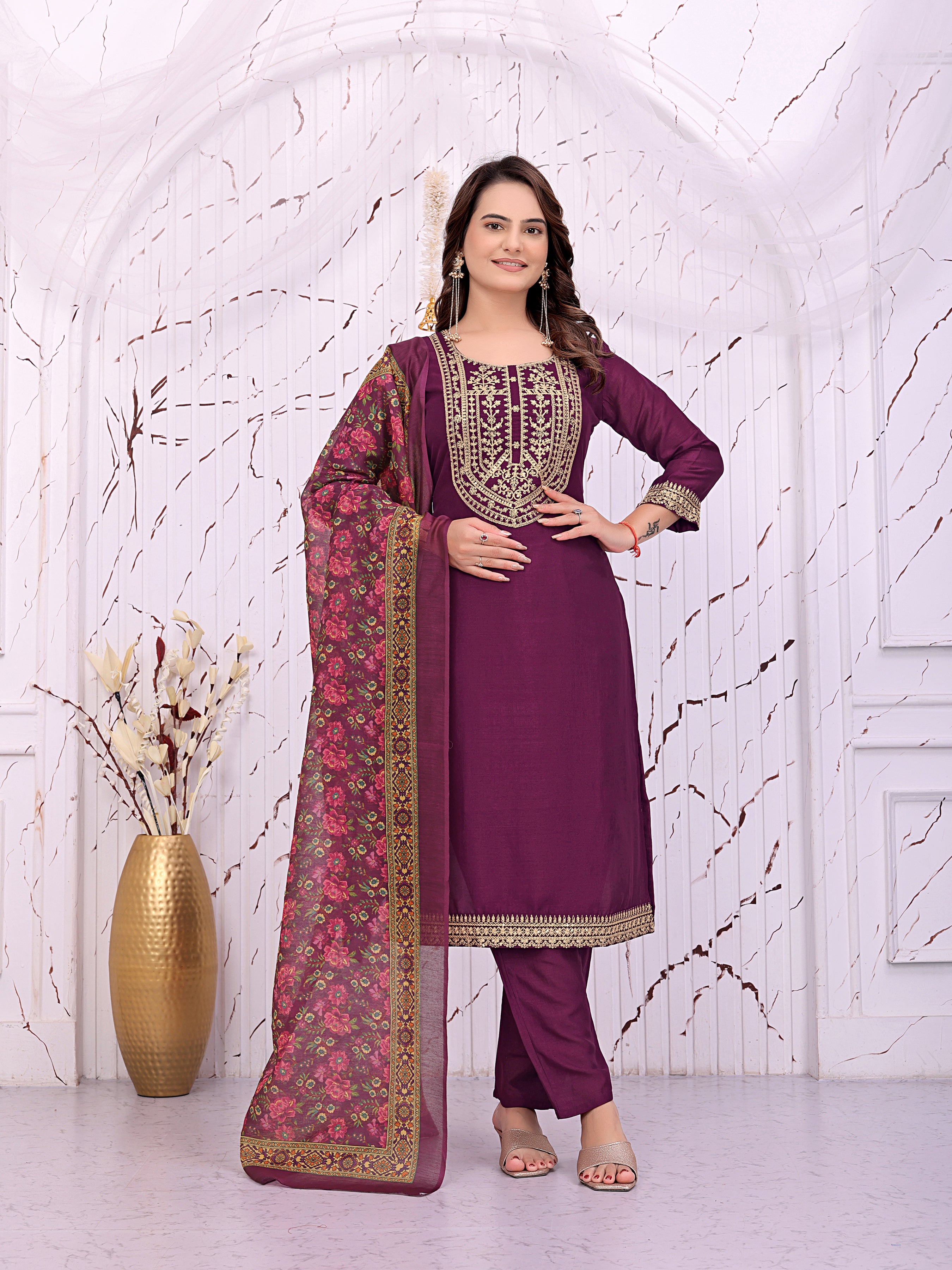 Women’s Wine Purple Embroidered Kurta Pant Set with Floral Printed Dupatta