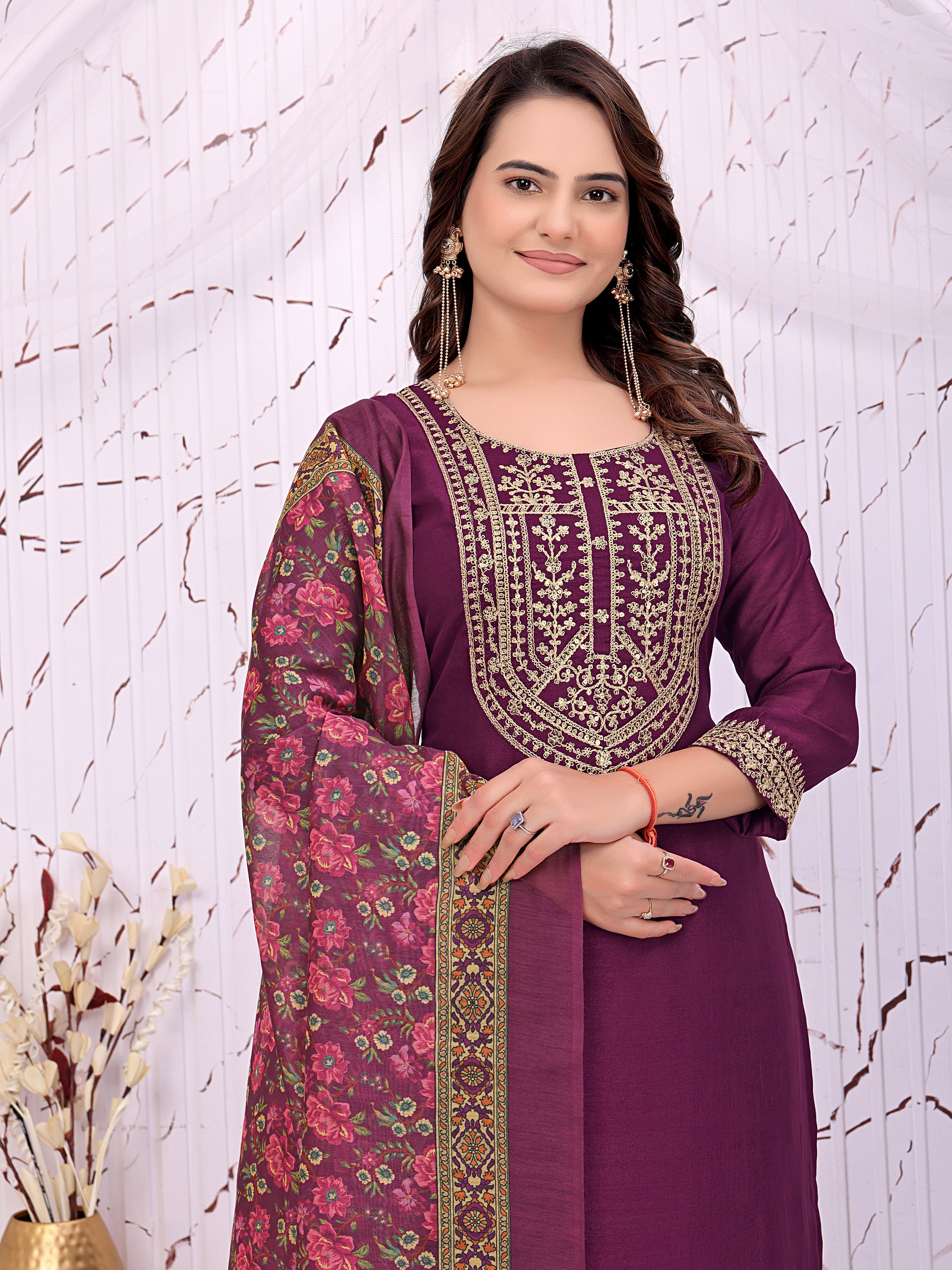 Women’s Wine Purple Embroidered Kurta Pant Set with Floral Printed Dupatta