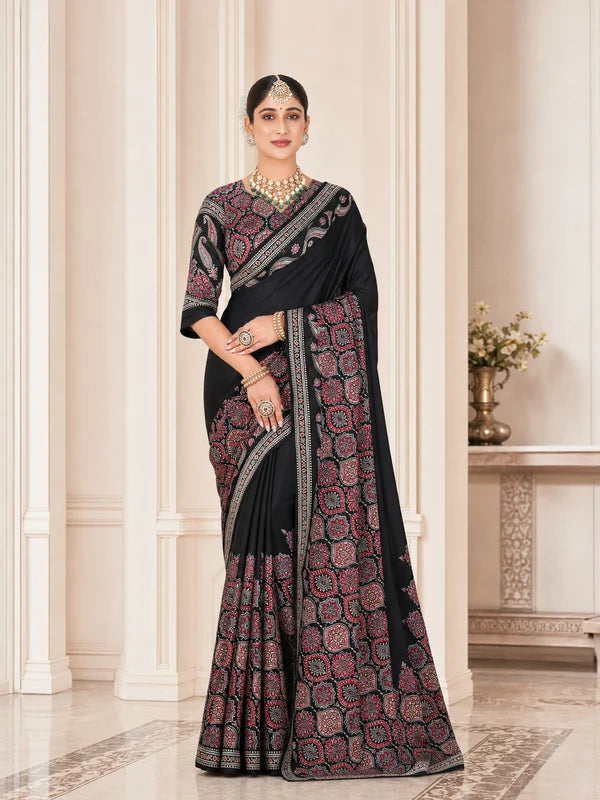 BLACK HALF BORDER AJRAKH SAREE.