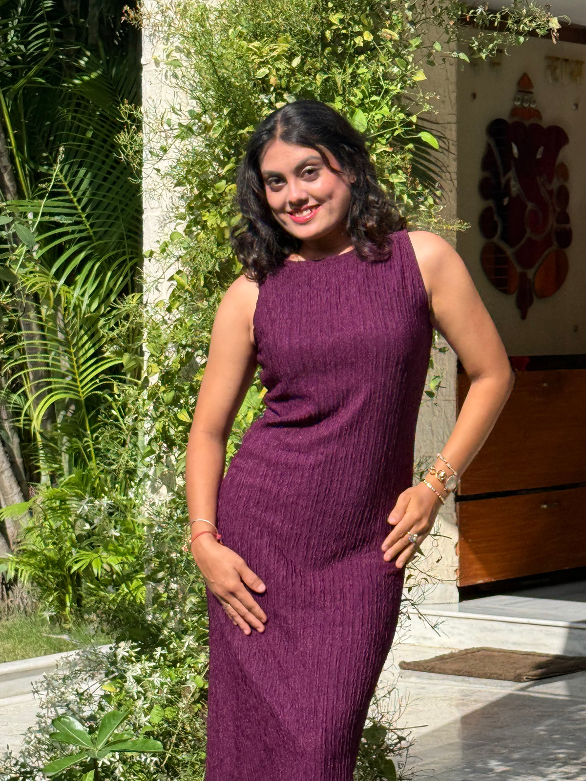 Women’s Sleeveless Textured Bodycon Midi Dress with Round Neck - Purple