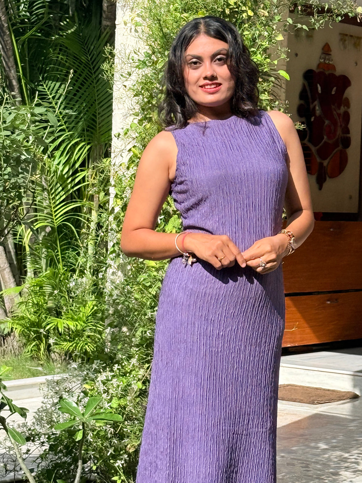 Women’s Sleeveless Textured Bodycon Midi Dress with Round Neck - Lavender
