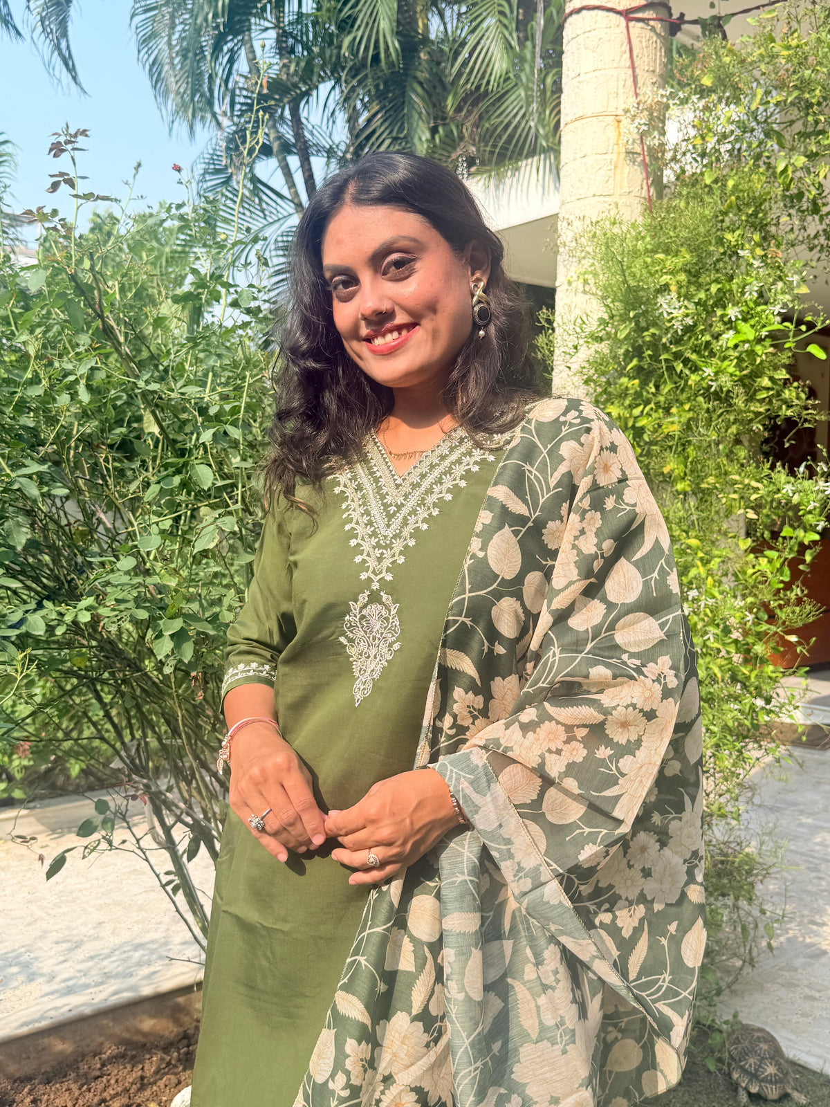 Women’s Embroidered Straight Kurta Pant Set with Floral Printed Dupatta