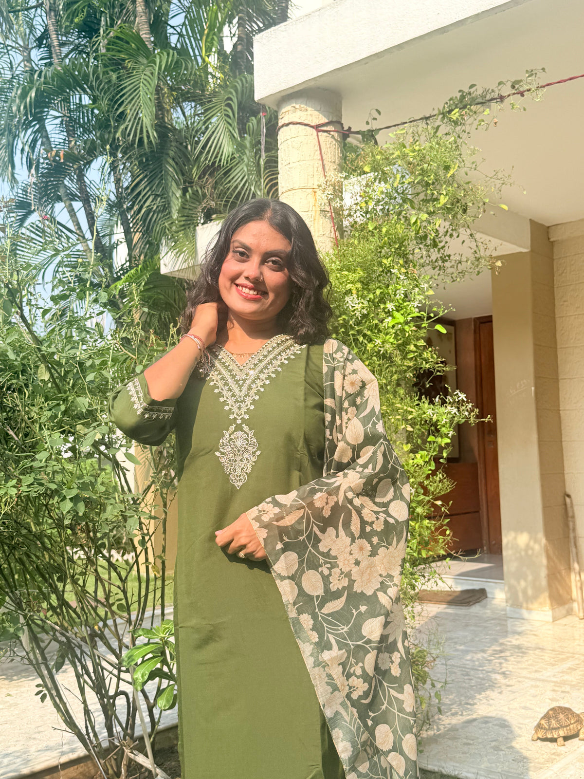 Women’s Embroidered Straight Kurta Pant Set with Floral Printed Dupatta