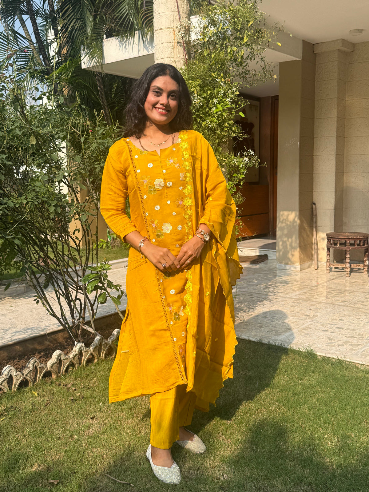 Women’s Embroidered Straight Kurta Pant Set with Floral Dupatta