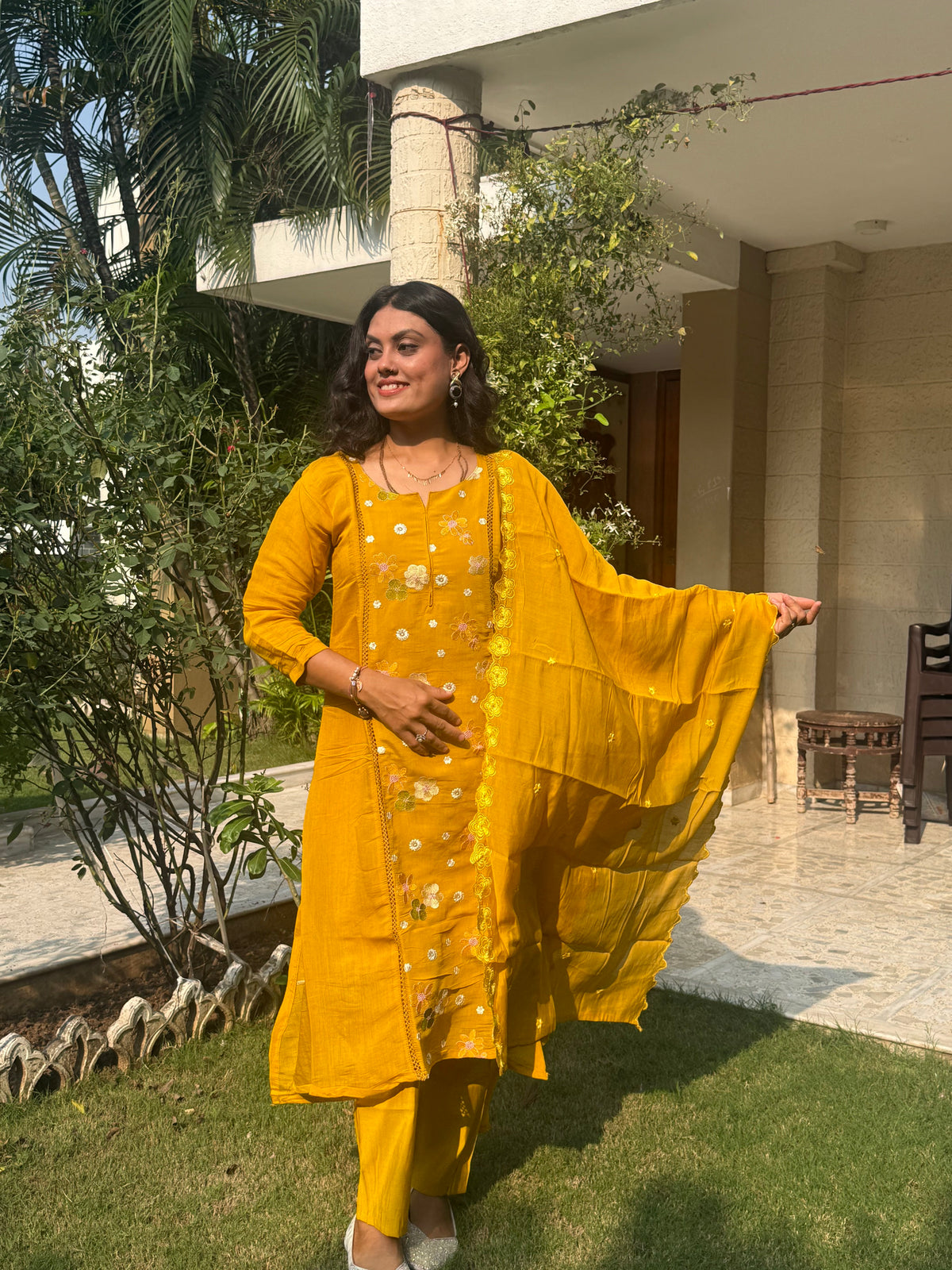 Women’s Embroidered Straight Kurta Pant Set with Floral Dupatta