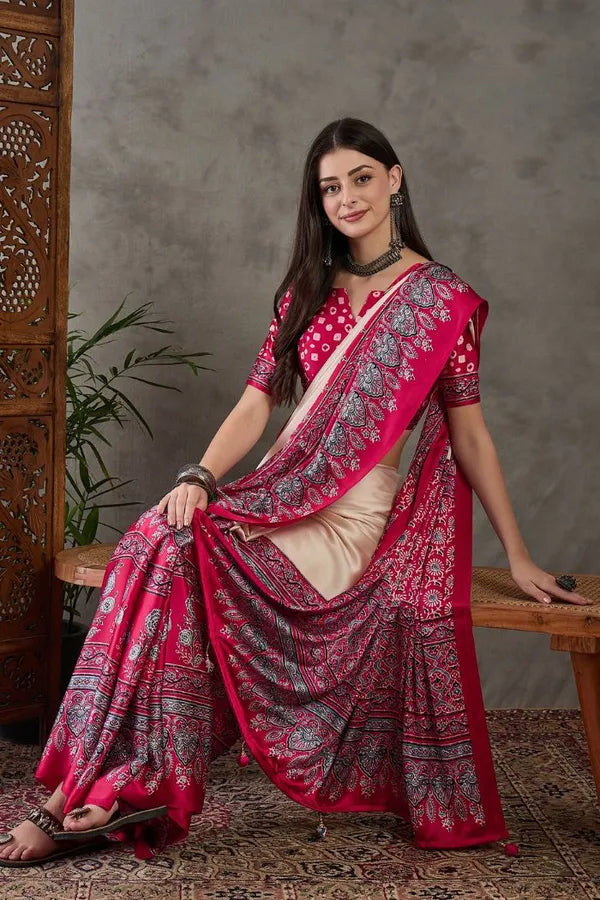Cream And Pink Ajrakh Saree