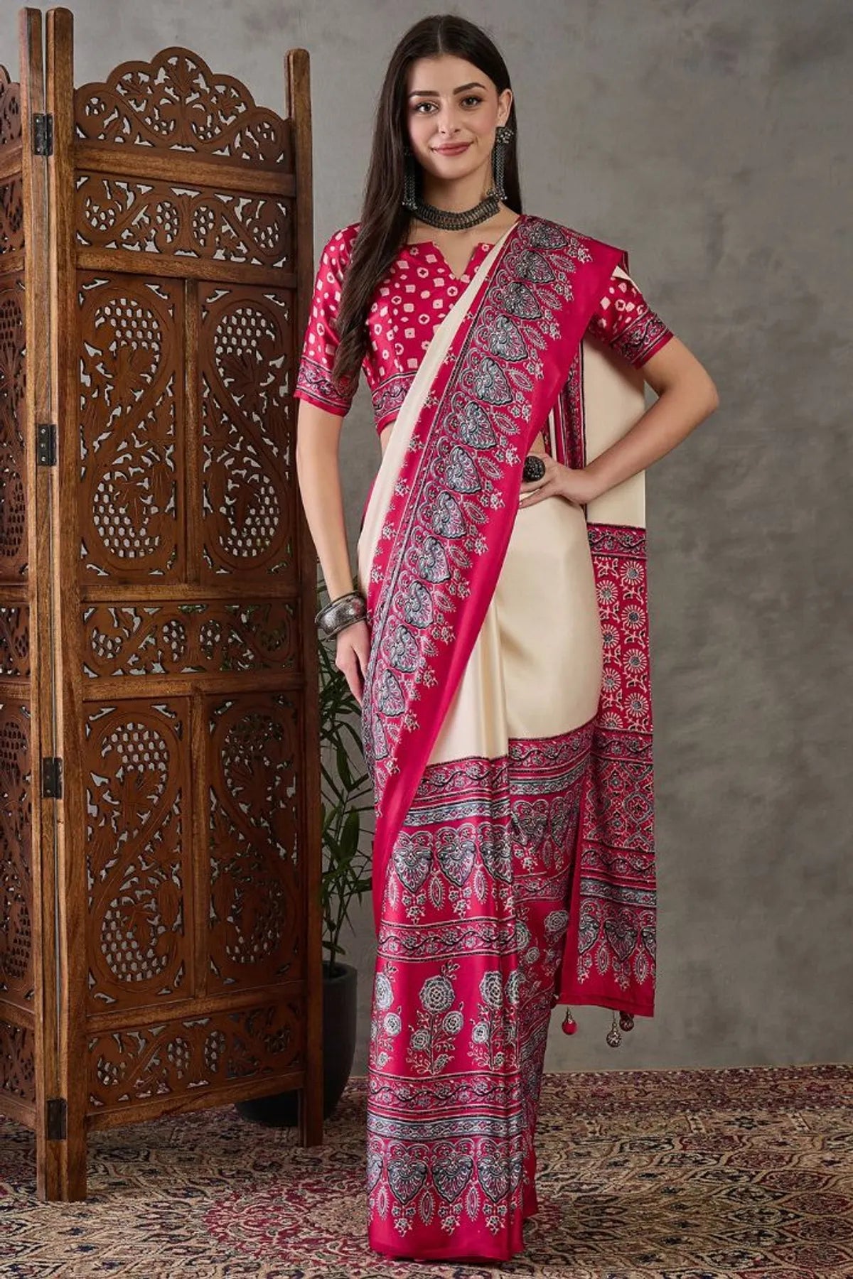 Cream And Pink Ajrakh Saree