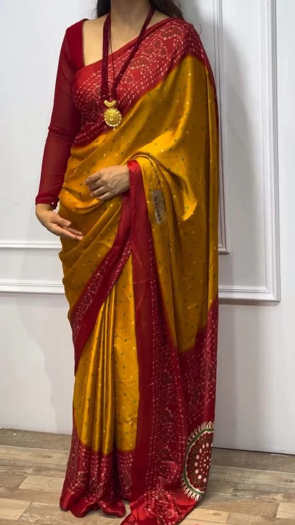 Musterd And Red Bandhani Saree