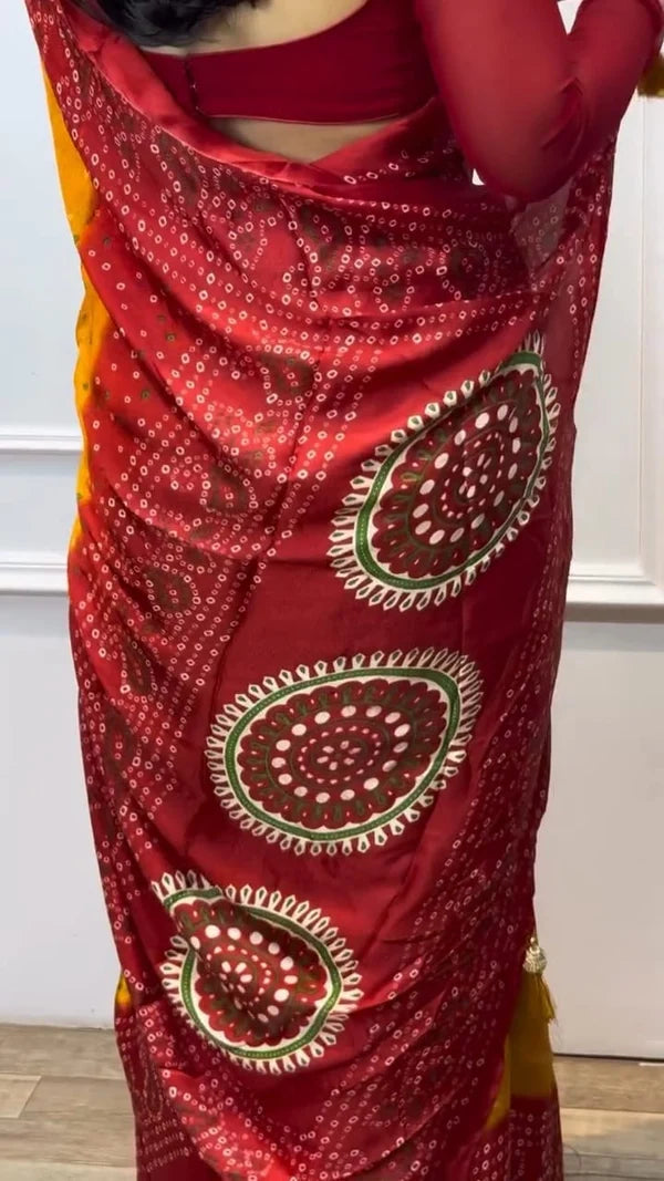 Musterd And Red Bandhani Saree