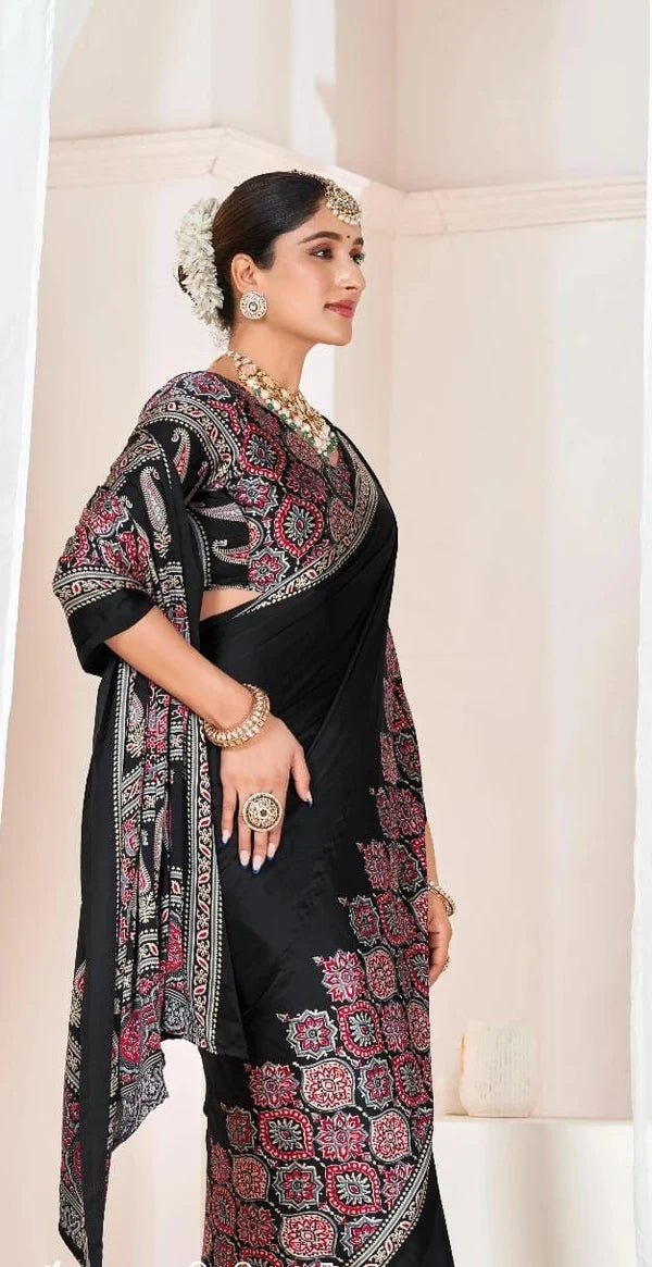 BLACK HALF BORDER AJRAKH SAREE.