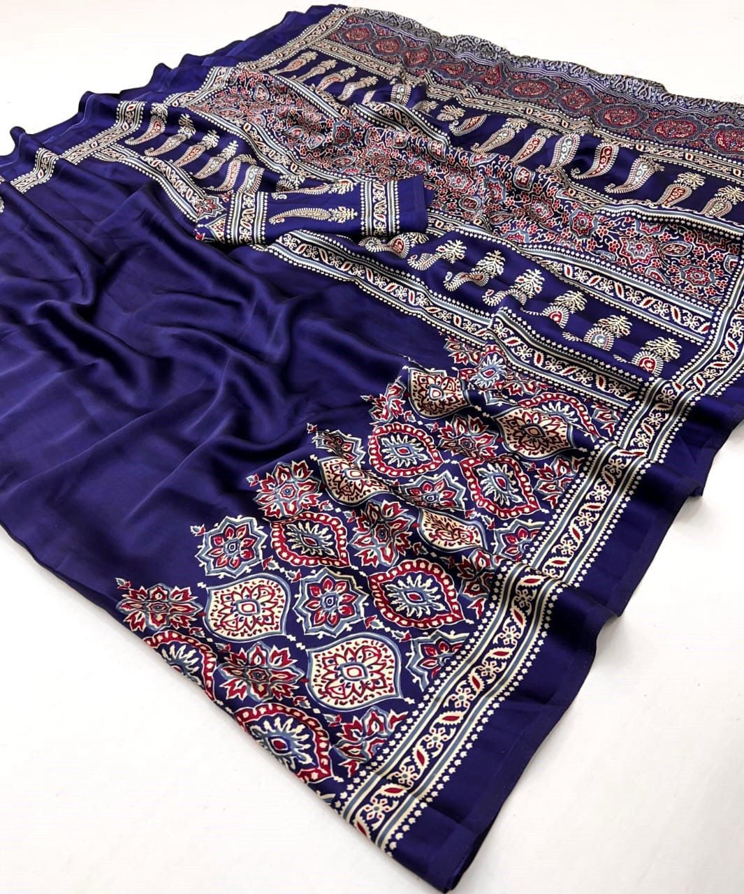 Traditional Teal Color Ajrkh Saree